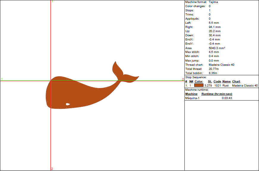 Diseño de bordado de silueta de ballena: animal marino minimalista en 7 tamaños