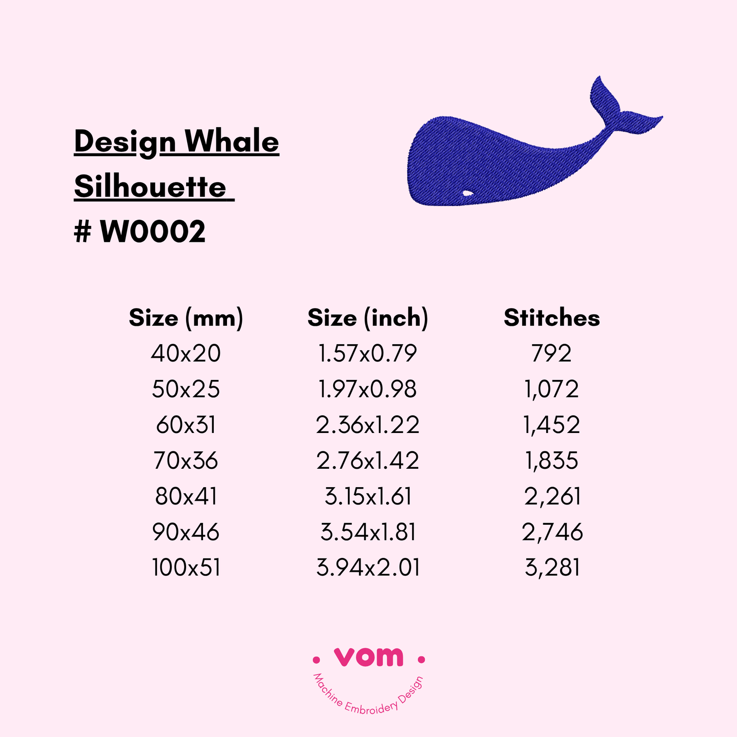 Diseño de bordado de silueta de ballena: animal marino minimalista en 7 tamaños