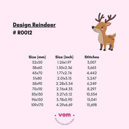 Adorable diseño de bordado de Reno - Bonito patrón de Reno Navideño para proyectos de bebés y niños - 9 tamaños