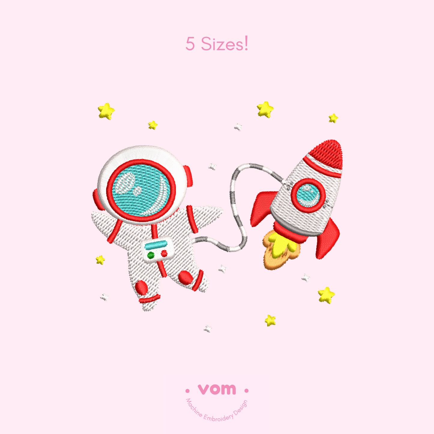 Cute astronaut and rocket embroidery design for baby items, with stars and playful space theme.
