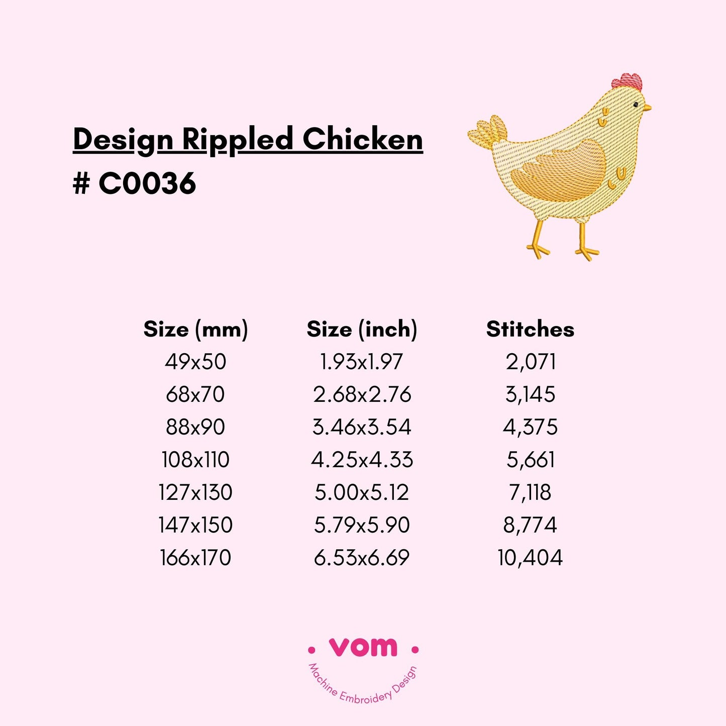 Rippled Chicken Embroidery Design – Cute Farm Animal Pattern - Digital File for Machine Embroidery - 7 Sizes