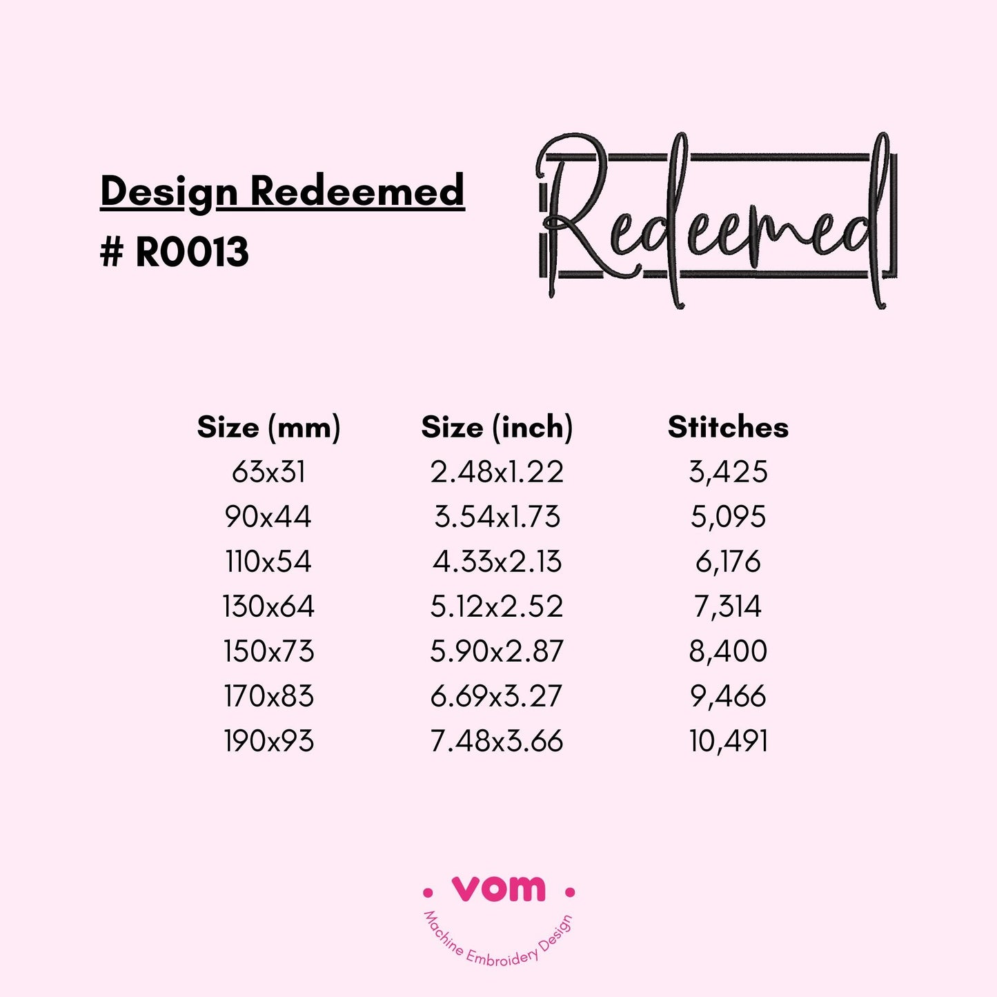 Redeemed Embroidery Design - Inspirational Quote with Frame - Digital File for Machine Embroidery - 7 Sizes