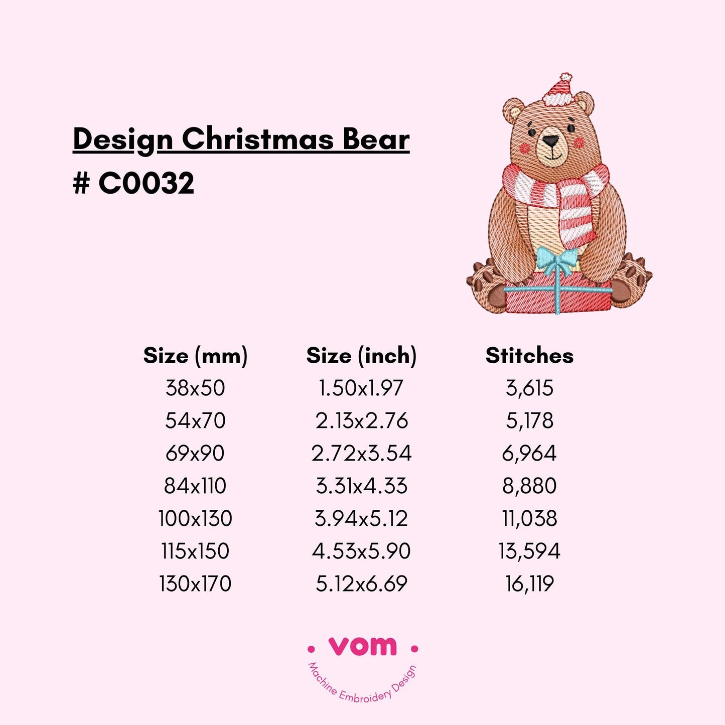 Rippled Christmas Bear Embroidery Design - Festive Bear with Scarf and Gift Box - Digital File for Machine Embroidery - 7 Sizes