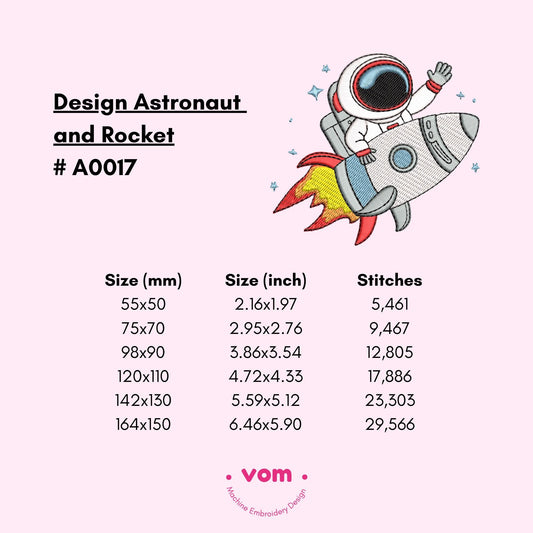 Diseño de bordado de Astronauta y Cohete - 6 tamaños