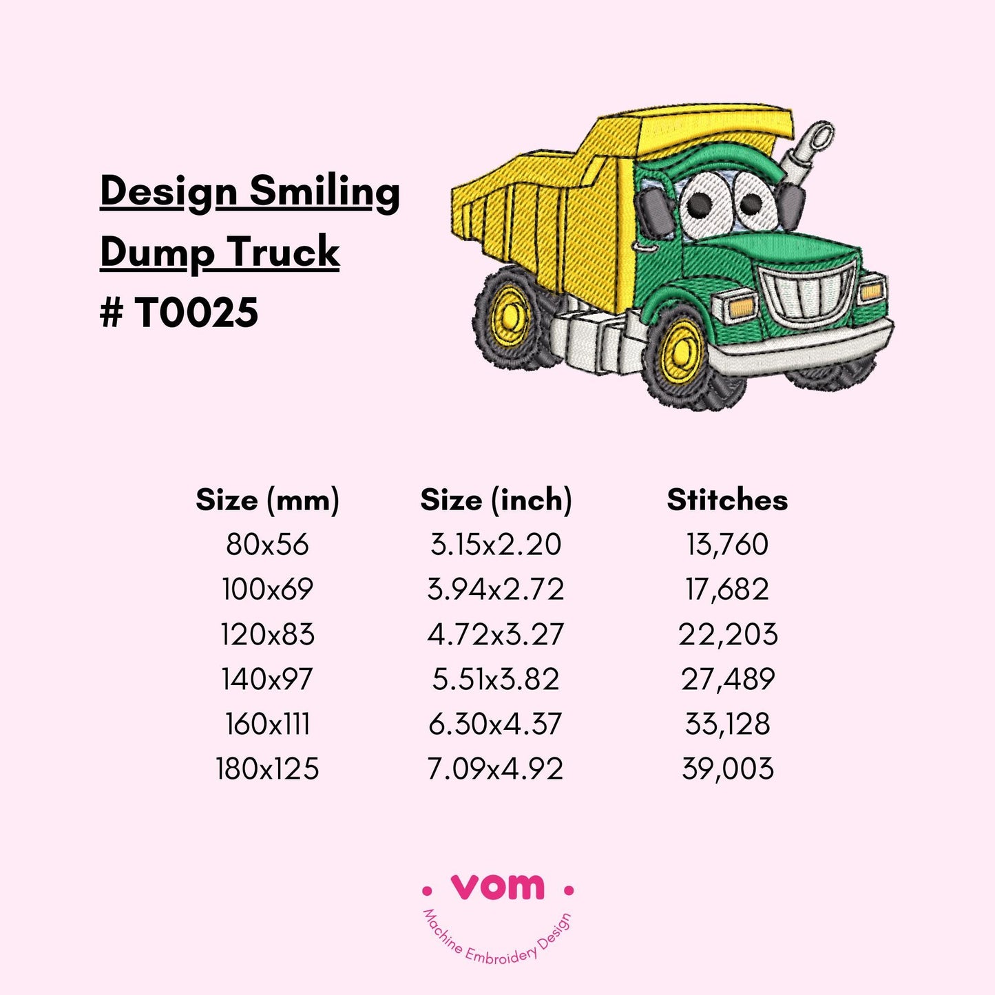 Smiling Dump Truck Embroidery Design - 6 Sizes