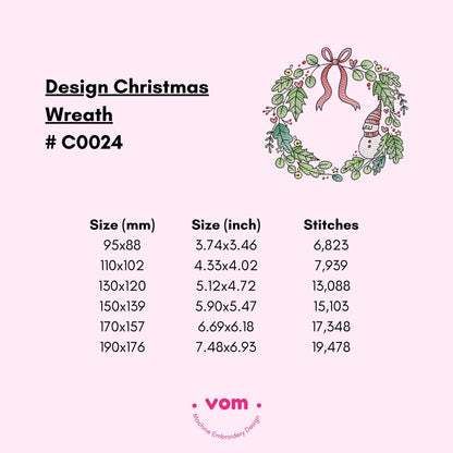 Christmas Wreath Rippled Embroidery Design - Snowman, Holly and Ribbon Festive Pattern - Digital File for Machine Embroidery - 6 Sizes