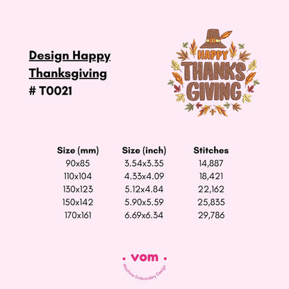 Happy Thanksgiving Embroidery Design - 5 Sizes