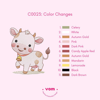 Adorable Cow Embroidery Design - Cute Farm Animal - Rippled Stitch Pattern for Baby Clothing and Nursery Decor - 7 Sizes