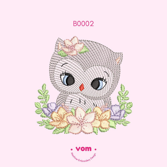 Owl with Flowers - Rippled - Machine Embroidery Design - 7 sizes!