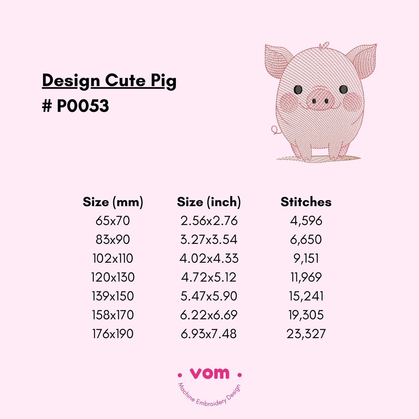 Cute Pig Embroidery Design - Adorable Farm Animal Stitch Pattern for Baby Clothing and Nursery Decor - 7 Sizes - RIPPLED