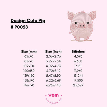 Cute Pig Embroidery Design - Adorable Farm Animal Stitch Pattern for Baby Clothing and Nursery Decor - 7 Sizes - RIPPLED