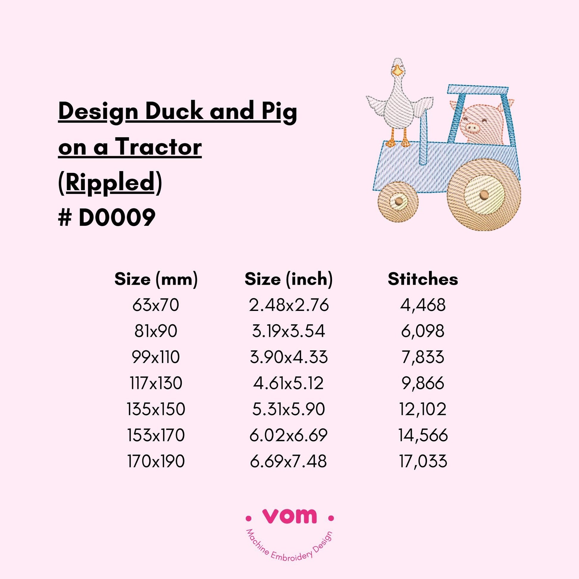 Duck and Pig on a Tractor Embroidery Design - Cute Farm Animal - Rippled Stitch Pattern for Baby Clothing and Nursery Decor - 7 Sizes