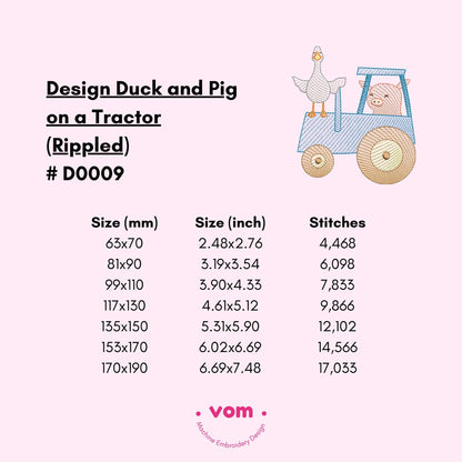Duck and Pig on a Tractor Embroidery Design - Cute Farm Animal - Rippled Stitch Pattern for Baby Clothing and Nursery Decor - 7 Sizes