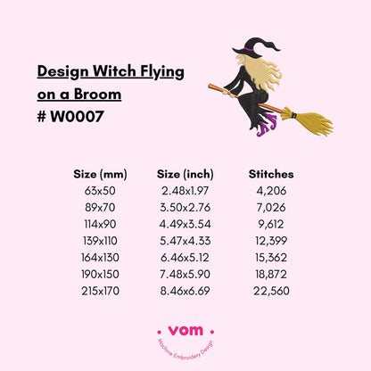 Flying Witch on Broomstick Machine Embroidery Design - 7 Sizes