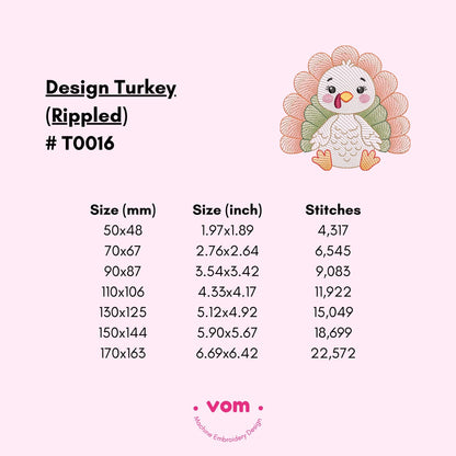 Adorable Rippled Turkey Embroidery Design - Turkey Digital File for Baby & Kids - 7 Sizes