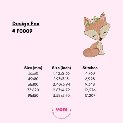 Floral Fox Embroidery Design - Cute Baby Fox with Flowers - Woodland Animal Pattern for Baby & Kids - Embroidery Machine File - 5 Sizes