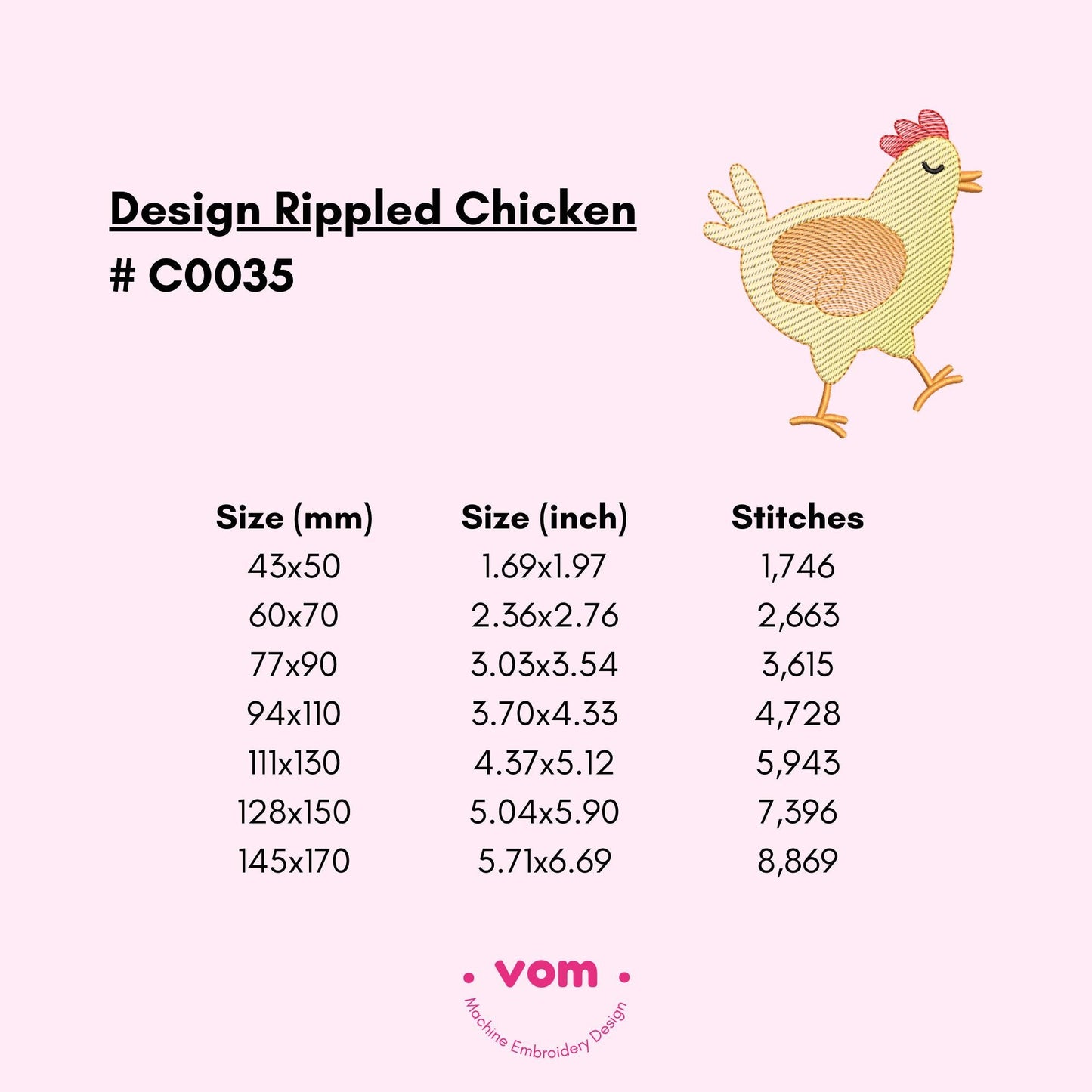 Rippled Chicken Embroidery Design – Cute Farm Animal Pattern - Digital File for Machine Embroidery - 7 Sizes