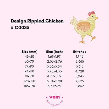Rippled Chicken Embroidery Design – Cute Farm Animal Pattern - Digital File for Machine Embroidery - 7 Sizes