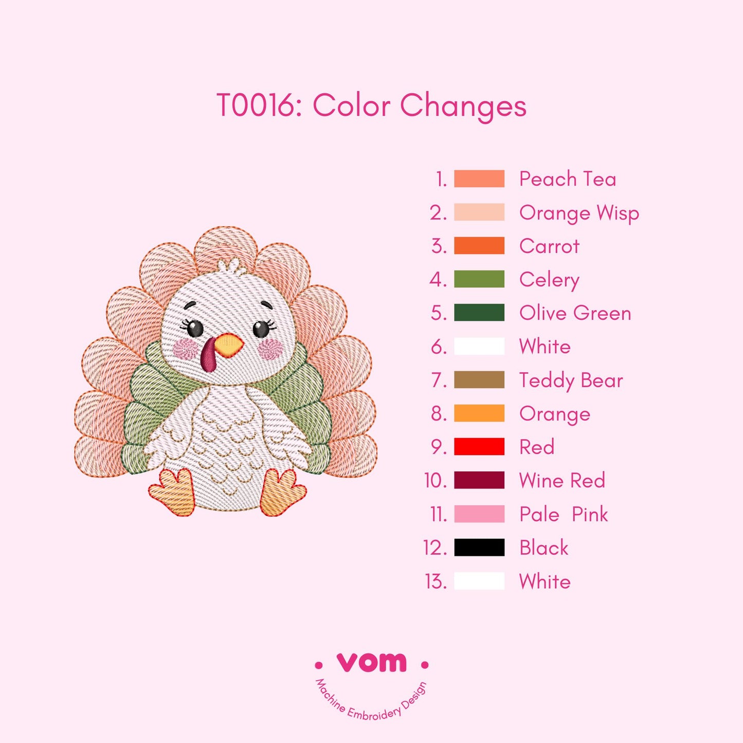 Adorable Rippled Turkey Embroidery Design - Turkey Digital File for Baby & Kids - 7 Sizes