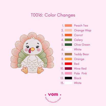 Adorable Rippled Turkey Embroidery Design - Turkey Digital File for Baby & Kids - 7 Sizes