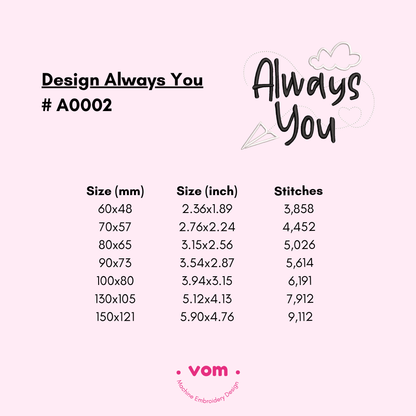 "Always You" Romantic Embroidery Design - Inspirational Quote - 7 Sizes