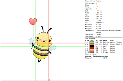 Heart Balloon Bee Embroidery Design - Rippled Stitch in 5 Sizes