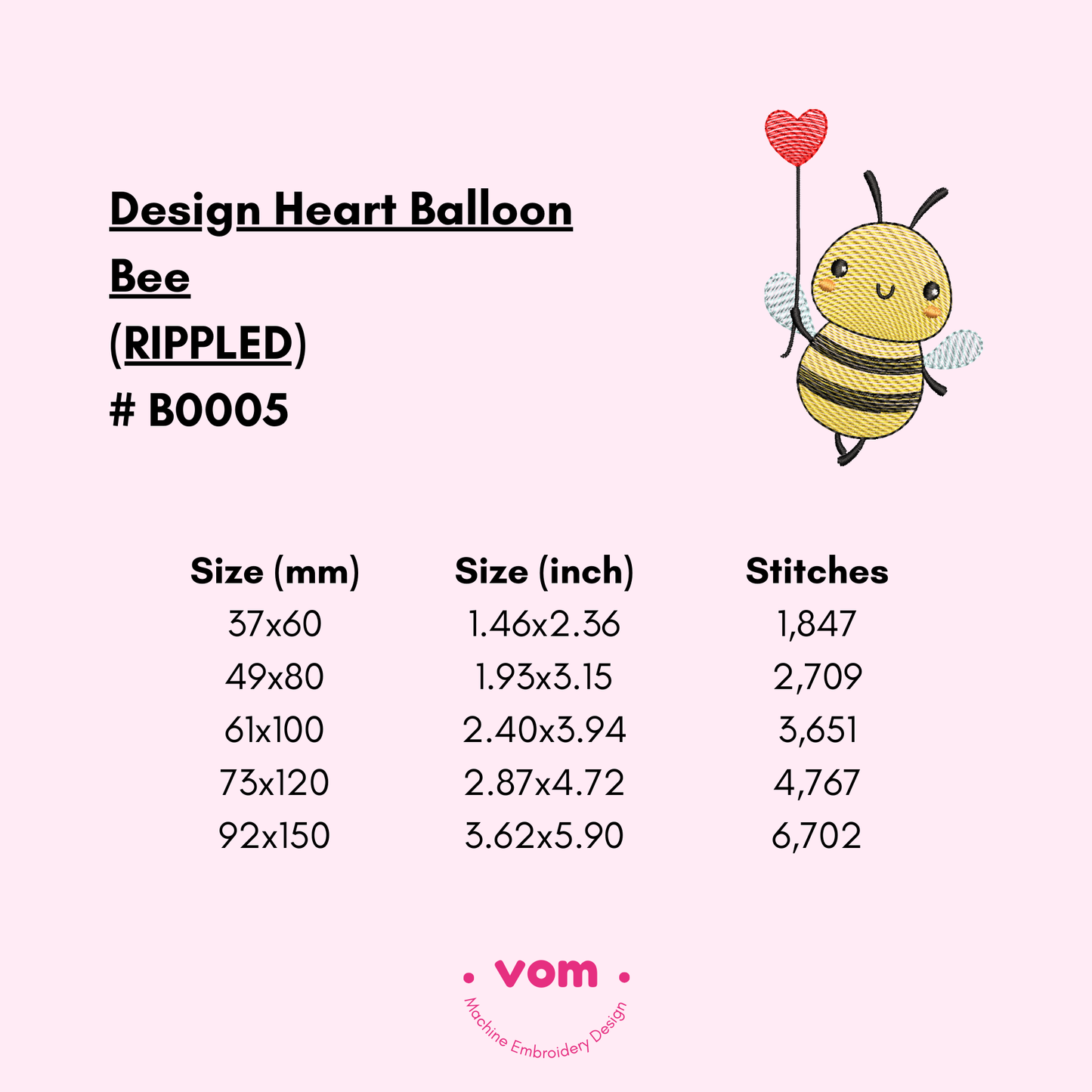 Heart Balloon Bee Embroidery Design - Rippled Stitch in 5 Sizes
