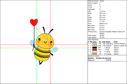 Heart Balloon Bee Embroidery Design - 5 Sizes