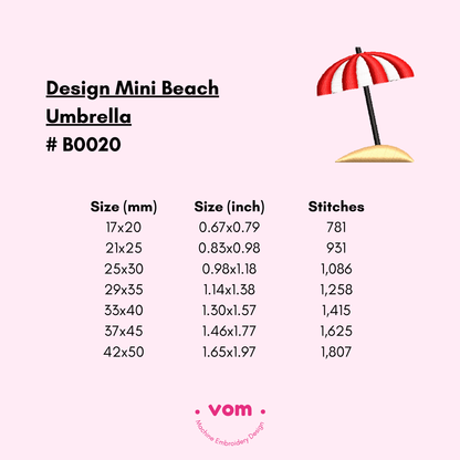 Mini Beach Umbrella Embroidery Design - Cute Summer Shade Pattern - Digital File for Machine Embroidery - 7 Sizes