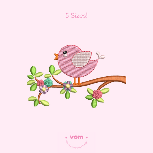 Bird on a Flowering Branch - Cute Spring Embroidery Design - 5 Sizes