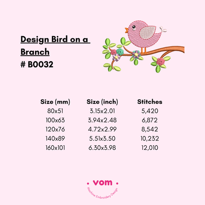 Bird on a Flowering Branch - Cute Spring Embroidery Design - 5 Sizes