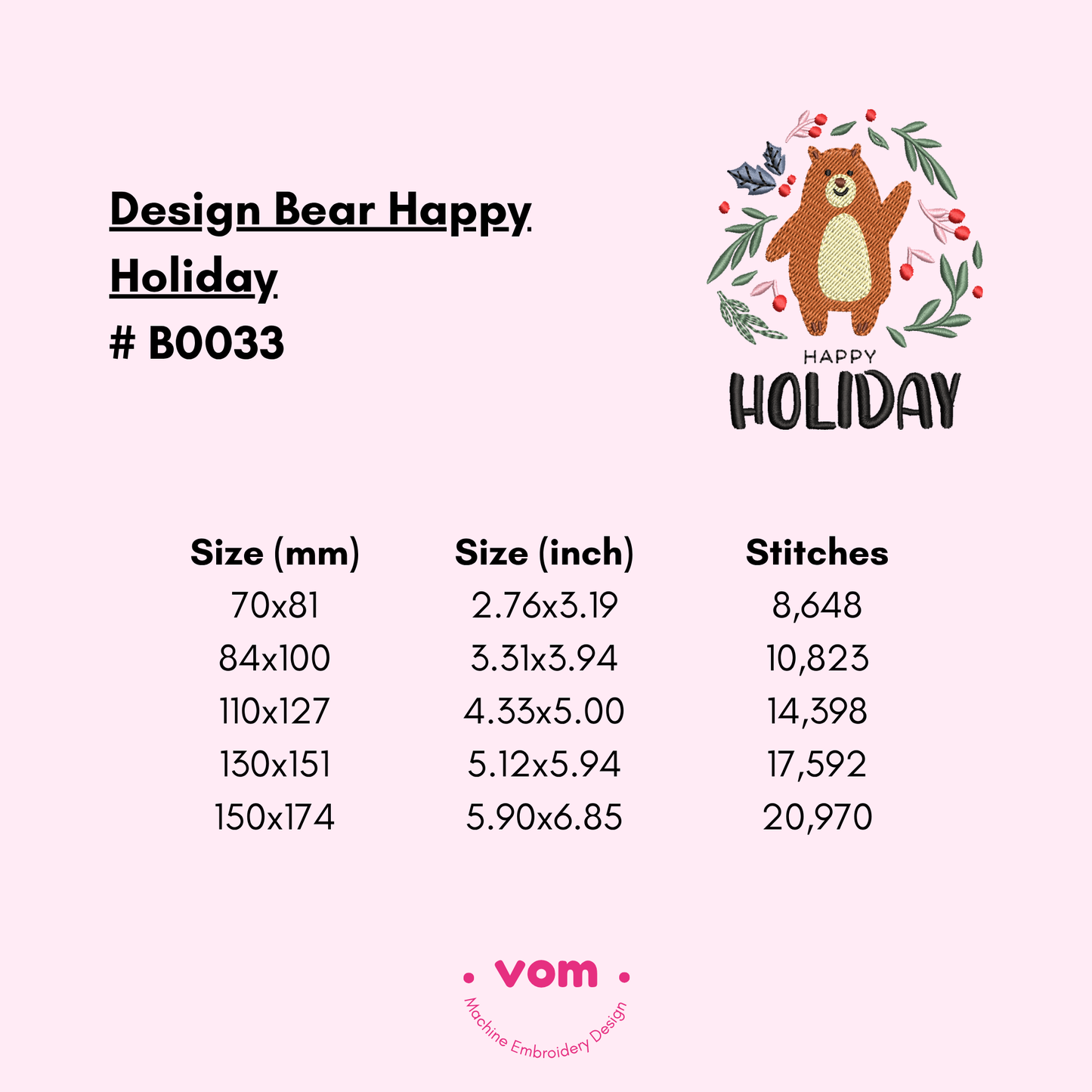 Bear Happy Holiday Embroidery Design - Cute Christmas Bear Pattern