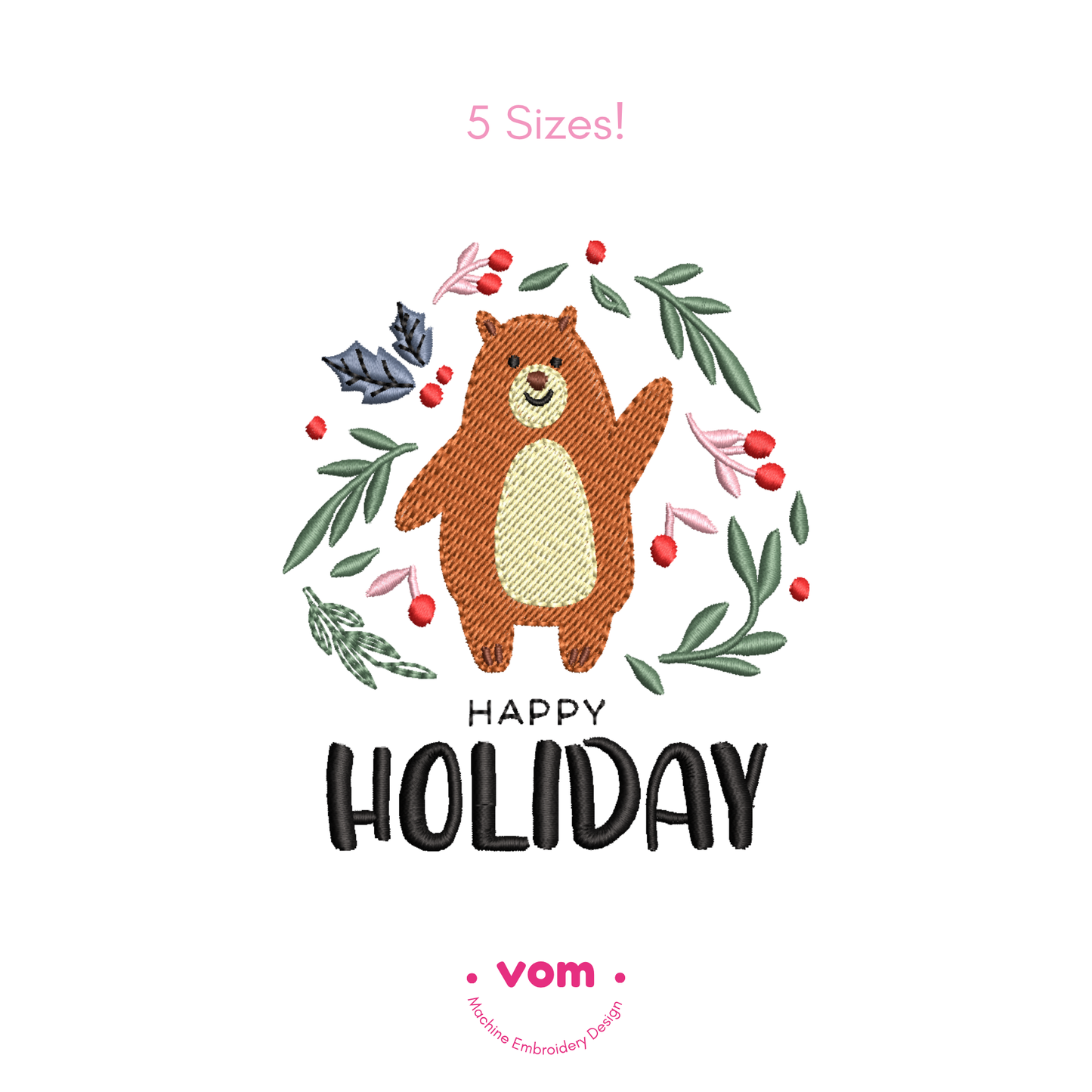 Bear Happy Holiday Embroidery Design | Adorable Christmas Bear Pattern for Machine Embroidery - 5 Sizes