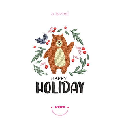 Bear Happy Holiday Embroidery Design | Adorable Christmas Bear Pattern for Machine Embroidery - 5 Sizes