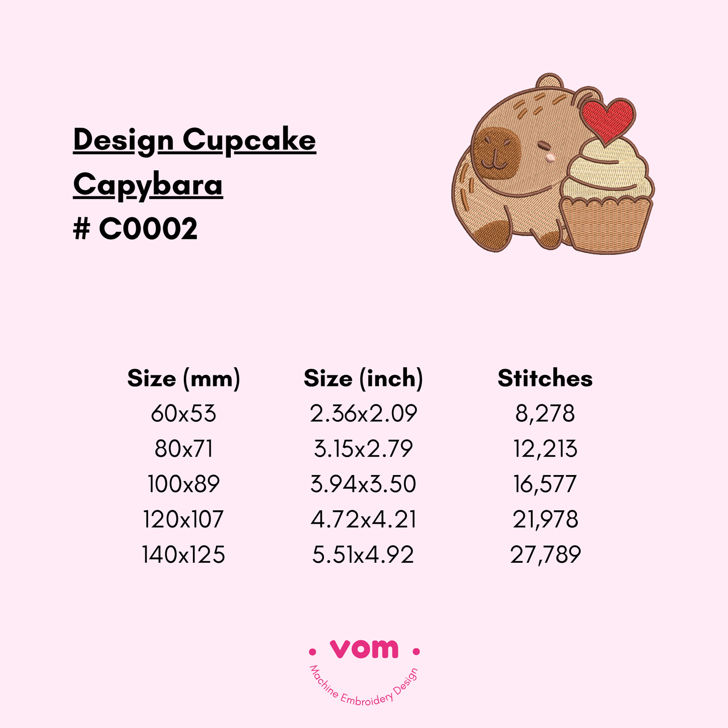 Cupcake Capybara Embroidery Design – Fill Stitch in 5 Sizes