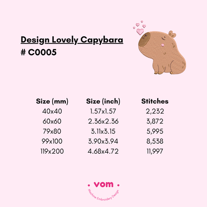 Lovely Capybara Embroidery File – Sweet Capybara with Floating Hearts in 5 Sizes