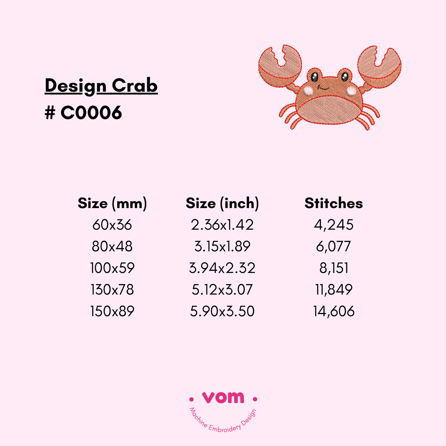 Cute Crab Embroidery Design – 5 Sizes