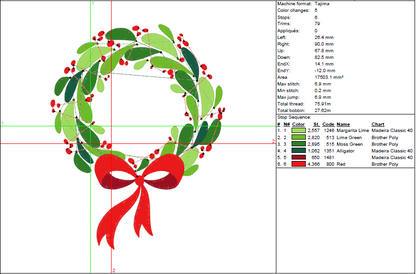 Christmas Wreath Embroidery Design – Holly Leaves & Red Bow Pattern