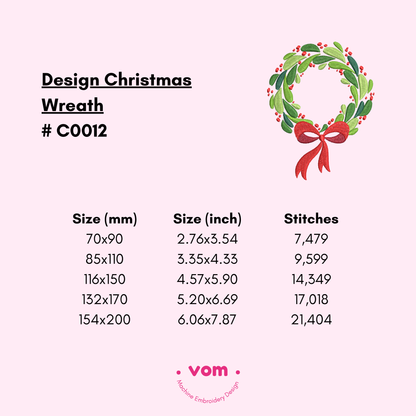 Christmas Wreath Embroidery Design – Holly Leaves & Red Bow Pattern