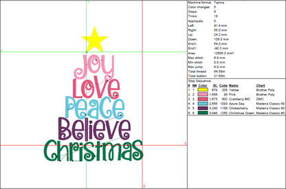 Joy Love Peace Believe Christmas Tree – Cute Holiday Typography Embroidery Design