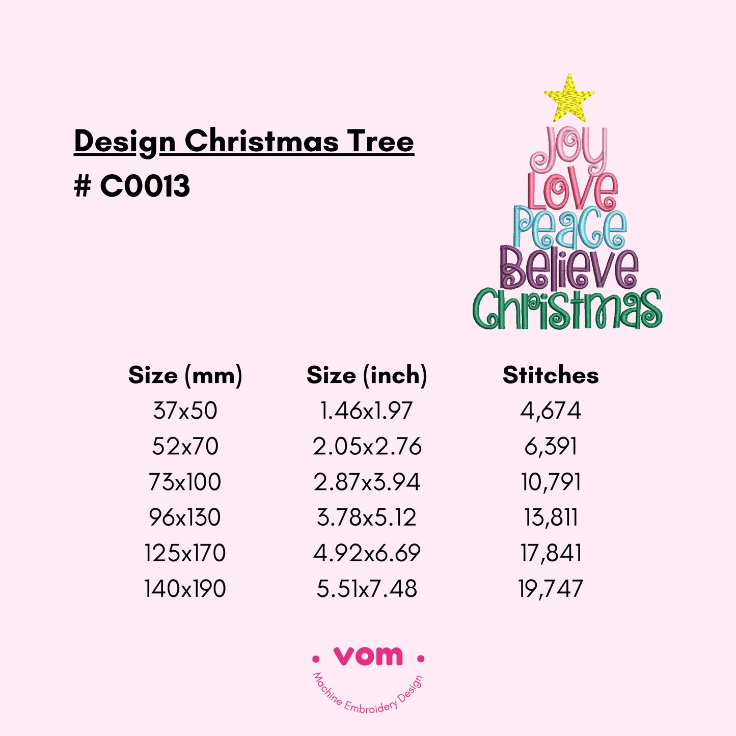 Joy Love Peace Believe Christmas Tree – Cute Holiday Typography Embroidery Design