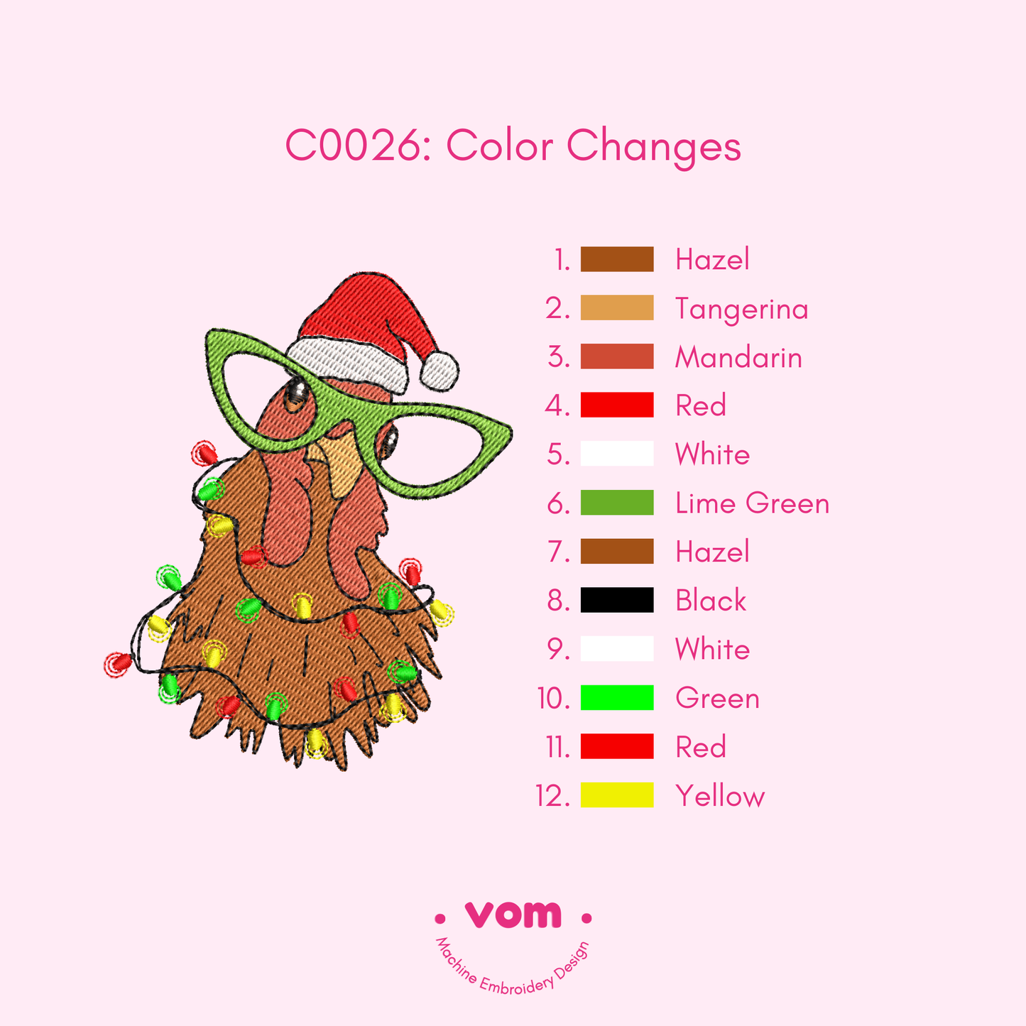 Christmas Chicken Embroidery Design - Santa Hat and Festive Lights Pattern - Digital File for Machine Embroidery - 7 Sizes