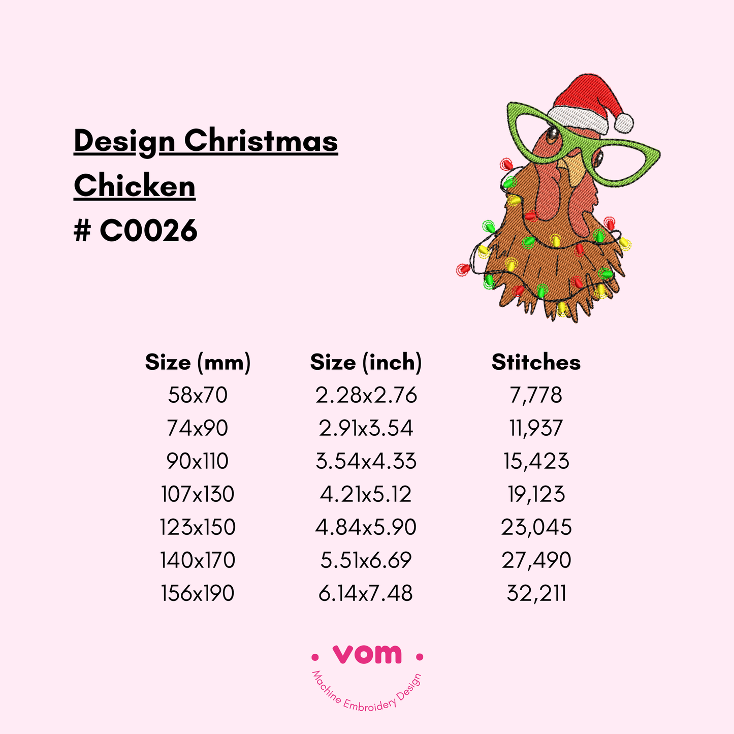 Christmas Chicken Embroidery Design - Santa Hat and Festive Lights Pattern - Digital File for Machine Embroidery - 7 Sizes