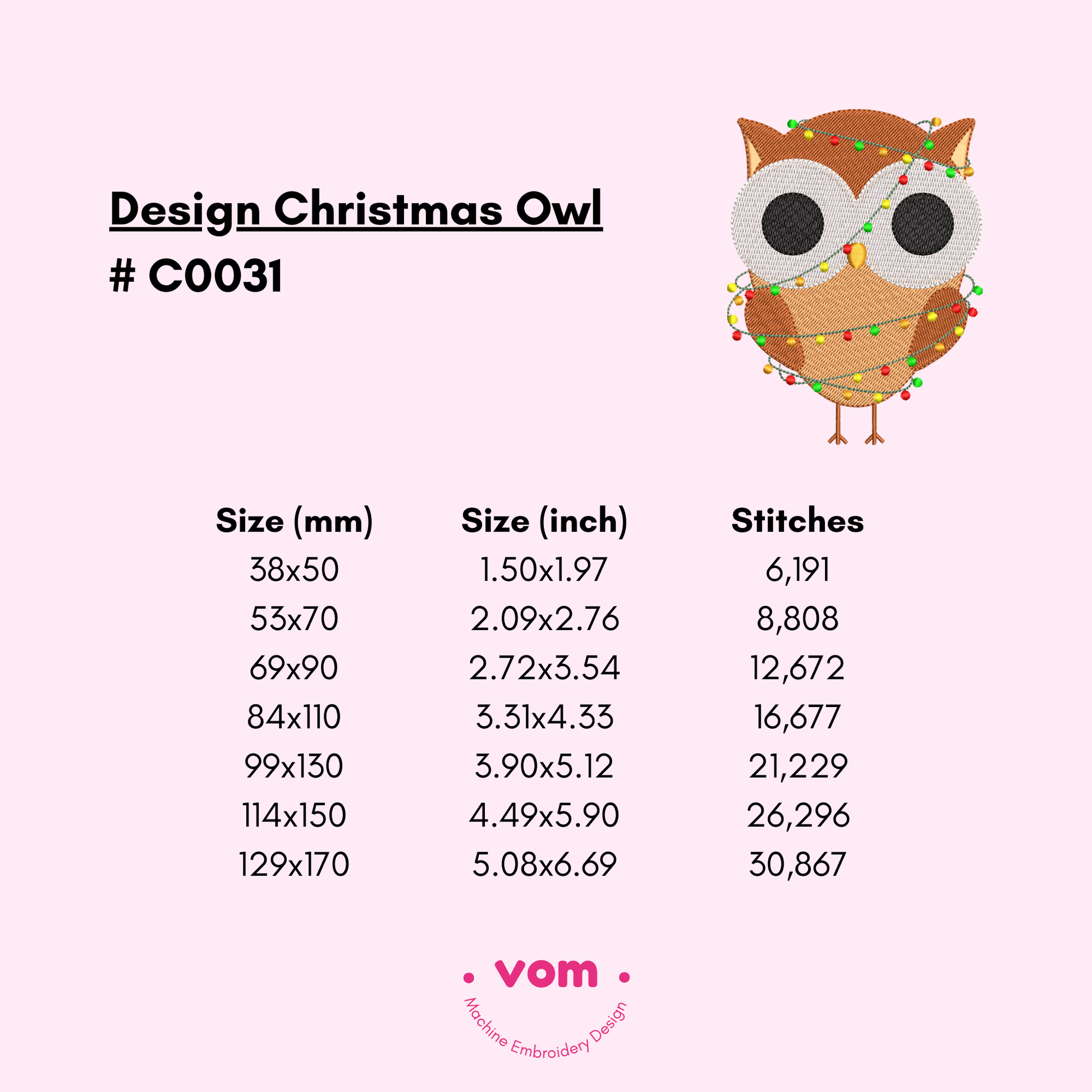 Christmas Owl Embroidery Design - Woodland Animals - Festive Lights Pattern - Digital File for Machine Embroidery - 7 Sizes
