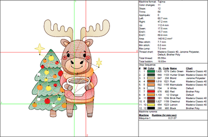 Rippled Christmas Reindeer Embroidery Design - Cozy Holiday Moose with Tree Pattern