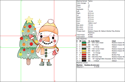 RIPPLED Christmas Snowman Embroidery Design – Cute Holiday Snowman with Christmas Tree Pattern