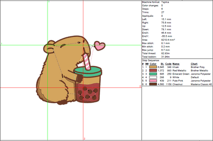 Capybara Embroidery File - Cute Capybara Bubble Tea Embroidery Design