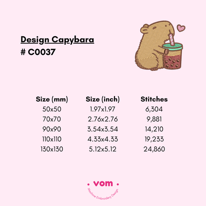 Capybara Embroidery File - Cute Capybara Bubble Tea Embroidery Design