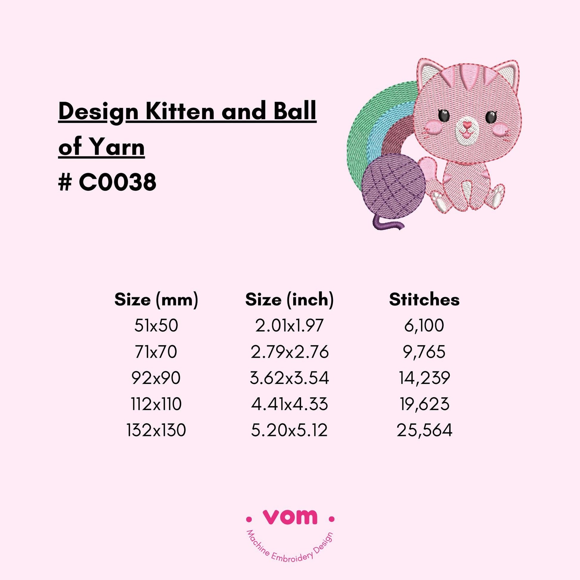 Cute Kitten & Rainbow Embroidery Design - Adorable Pastel Cat with Yarn Ball - Digital Pattern for Embroidery Machine  - 5 Sizes