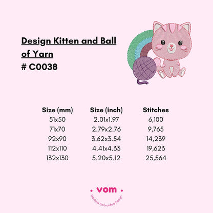 Cute Kitten & Rainbow Embroidery Design - Adorable Pastel Cat with Yarn Ball - Digital Pattern for Embroidery Machine  - 5 Sizes